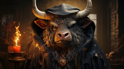 there is a bull with horns and a candle in the dark