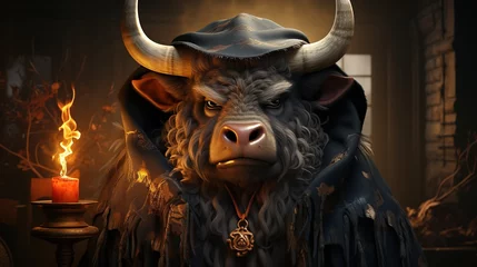 Foto op Plexiglas there is a bull with horns and a candle in the dark © klakonstudio