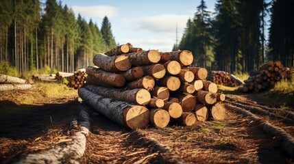 Stacks of logs along a forest road surrounded