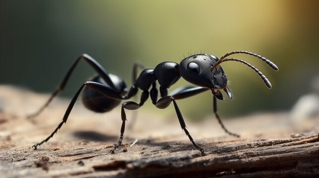 Black garden ant or common black ant on wood looking towards us. generative ai