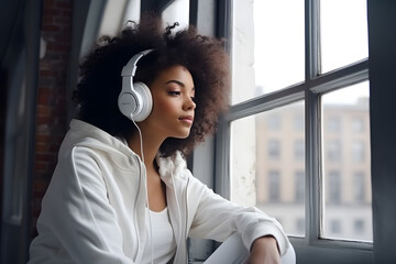 Beautiful young black woman listen music stylish white headphones wear sportswear sitting windowsill dark loft apartment background. Copy space, mock-up,, blank. Concept of music in da. generative ai.