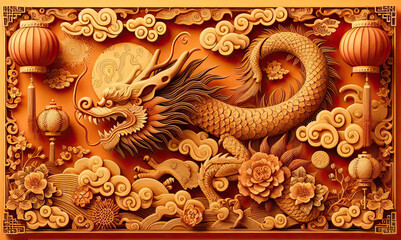 Concept of Chinese New Year 2024 dragon year. Texture, figure of wood dragon animal on an orange background. Copy space for text, advertising, banner, message