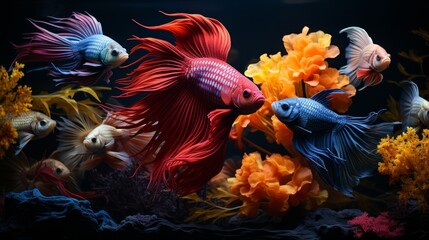 Fototapeta na wymiar Various types of exotic aquarium fish in separate