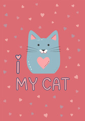 Vector love card pastel colored. I love my cat. Valentine's day concept poster. Cute love sale banner or greeting card