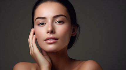 Beauty Photo of Woman with Clean and Healthy Skin Touching Her Face. generative ai.