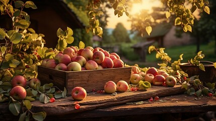 Sunset-themed table with a wooden crate filled