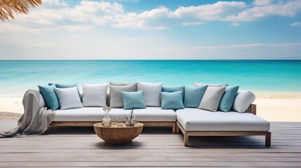 Fototapeta na wymiar Santorini style of outdoor living beach luxury on sea view background, Sea view Beach luxury living, Generative AI