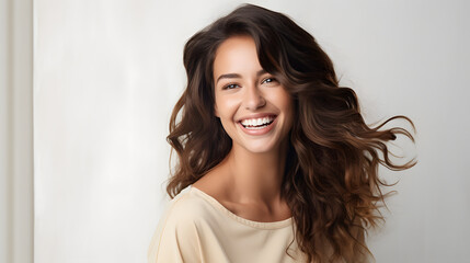 Big bright white smile headshot with a beautiful brunette woman sincere happy cheerful positive expression. generative ai. - obrazy, fototapety, plakaty