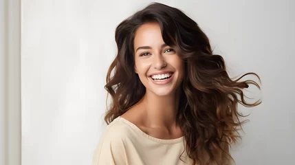 Tuinposter Big bright white smile headshot with a beautiful brunette woman sincere happy cheerful positive expression. generative ai. © mfz