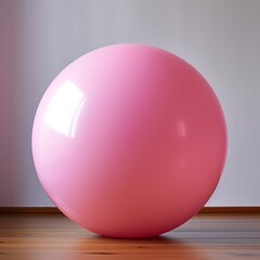 Pink fitness ball on a wooden floor in the room. 3d render.