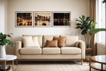 Beautiful cozy living room interior design with hanging posters, beige color, warm and cozy concept.