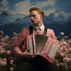 Young redhead man with accordion on the background of high mountains. - obrazy, fototapety, plakaty