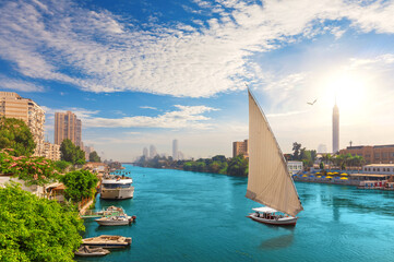 Traditional felucca board in the Nile, centre of Cairo, Egypt