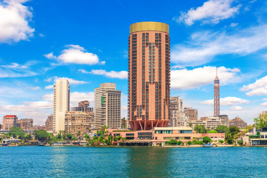 Elite centre of Cairo, tv tower and skyscrappers by the Nile, Egypt