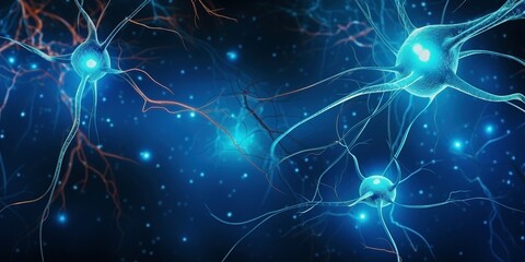 Naklejka na ściany i meble Blue shaded neurons and dendrites in a dark blue and black background