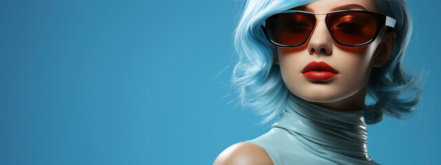 Naklejka premium young woman with dyed hair on blue background. banner. copy space. hipster concept. banner