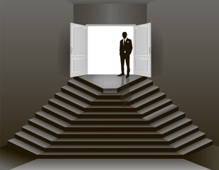 The interior of an empty dark room with an open door and the silhouette of a man in a suit.
Free up space for copying the 3d image.