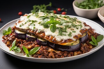 Delectable Moussaka: Exquisite Mediterranean Dish with Vibrant Colors on Pristine White Background