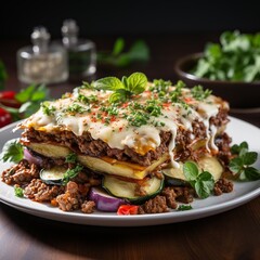 Delectable Moussaka: Exquisite Mediterranean Dish with Vibrant Colors on Pristine White Background