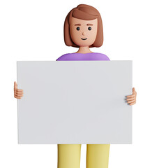 3d woman character holding big white board with space for text. Adult girl hold big white board with copy space 3d illustration