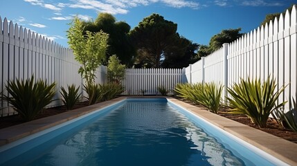 Vinyl panel fencing around an in-ground swimming pool - obrazy, fototapety, plakaty