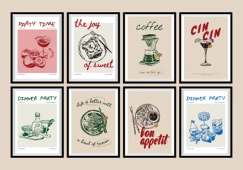 Deurstickers Minimalist hand drawn food and drink vector print poster collection. Art for postcards, branding, logo design, background. Matisse style art. © DesignThatMatters