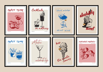 Fototapeta na wymiar Minimalist hand drawn food and drink vector print poster collection. Art for postcards, branding, logo design, background.