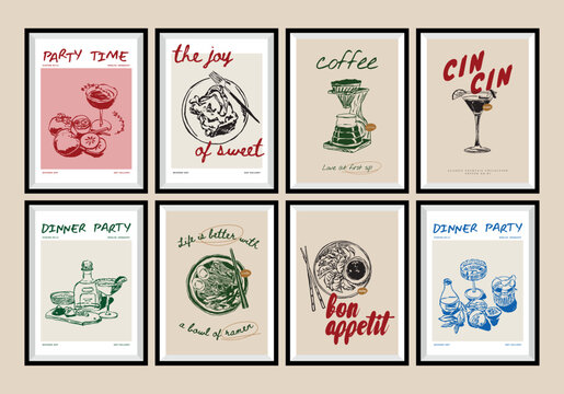 Naklejki Minimalist hand drawn food and drink vector print poster collection. Art for postcards, branding, logo design, background. Matisse style art.