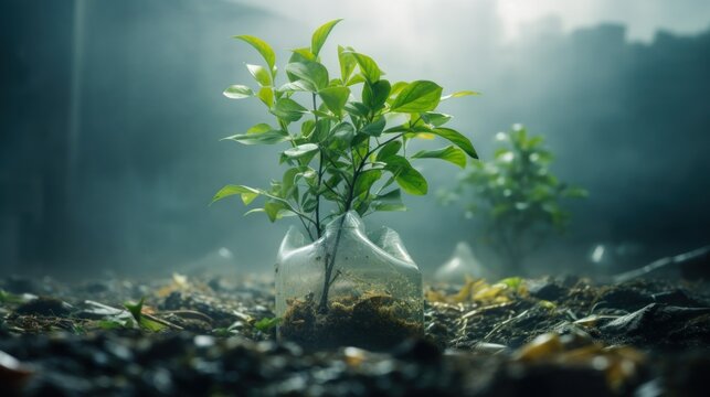 Green plants grow in a trash pollution environment background wallpaper AI generated image