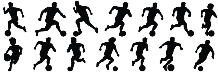 Fototapeta na wymiar Football player soccer silhouettes set, large pack of vector silhouette design, isolated white background