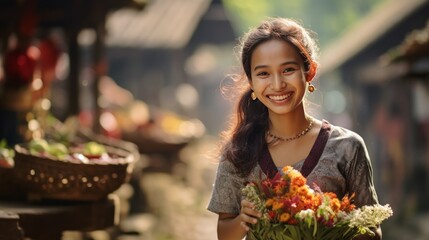 Beautiful Balinese woman in traditional cultural clothing background wallpaper AI generated image