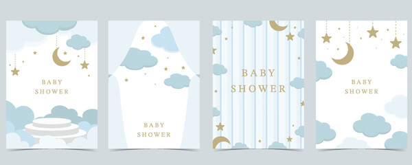Baby shower invitation card for boy with balloon, cloud,sky, blue - obrazy, fototapety, plakaty