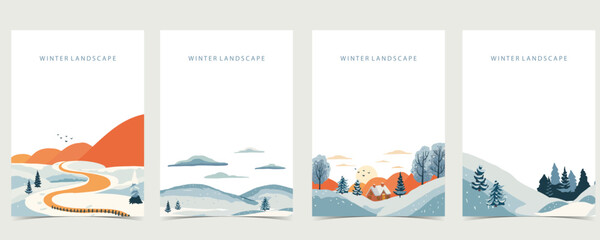 winter landscape background with mountain,tree.Editable vector illustration for postcard,a4 vertical size