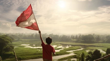 Foto op Plexiglas Boy carrying red flag in rice field background wallpaper AI generated image © anis rohayati