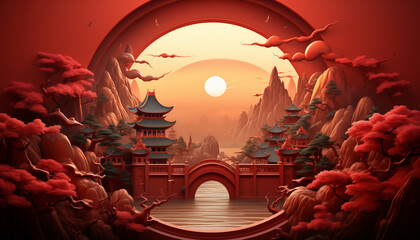 Chinese gate on red background, copy space text, decoration element for Years of the Wood Dragon 2024, Generative AI