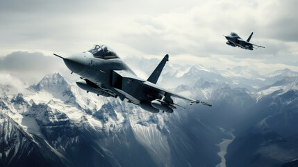 Fototapeta na wymiar Fighter Jets Performing Aerial Ballet over Snowy Mountain Peaks