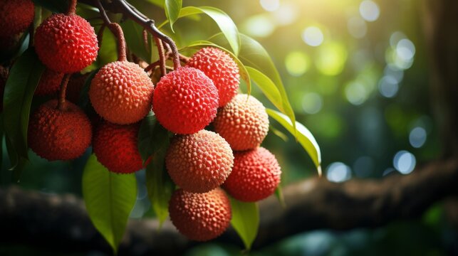 Lychee fruit on a branch with a natural blurred background