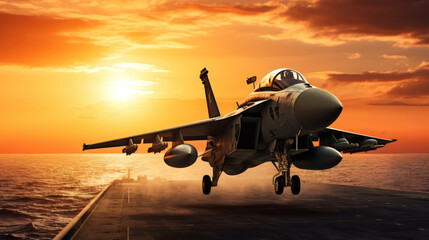 Fototapeta na wymiar Dramatic sunset scene of a fighter jet landing on a naval carrier