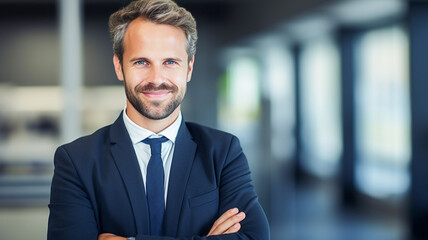 Portrait of handsome smiling young man with crossed arms in coworking office. Laughing joyful cheerful men with crossed hands studio shot. 