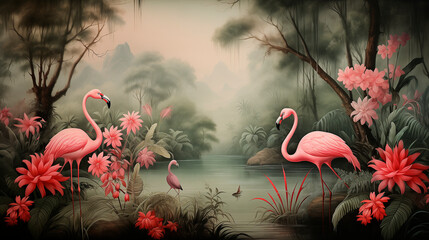 Wallpaper jungle and leaves tropical forest mural flamingo and birds old drawing Art vintage background Poster Print