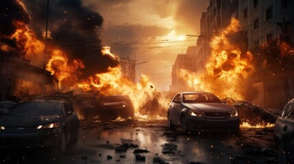 Heavy fire with cars in the city background wallpaper AI generated image - obrazy, fototapety, plakaty