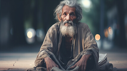 Homeless beggar man sitting outdoors in city asking for money donation.
