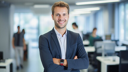 Portrait of handsome businessman in suit standing with crossed arms in office hall.