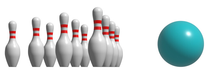 Bowling ball and pins in transparent background. 3D illustration - obrazy, fototapety, plakaty