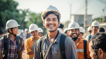 A group of happy asian workers laughing on building site. 
