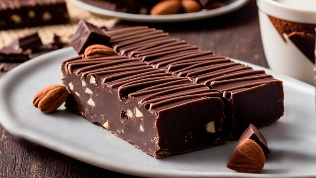 Delicias navide&ntilde;as: Turrones gourmet de chocolate. Vista sobre una mesa y cortado a cuchillo.