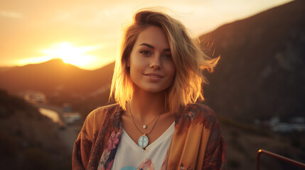 Portrait of young european fashionable female model, shot from the side, smiling, looking to the side, vibrant sunset over mountains background