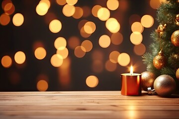Fototapeta na wymiar Empty wooden table. Golden elegance. Decorative christmas ornaments and festive holiday celebration. Celebrate season. Shiny gold xmas decorations with glittering ornaments and sparkling lights