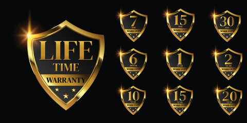 set of golden warranty logo,Vector golden warranty number. 7, 30, 3, 1, 2, 6, 5, 20,10, life time,logo design. vector illustration