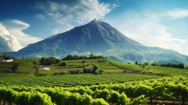 Vineyard with beautiful mountain panoramas background wallpaper AI generated image